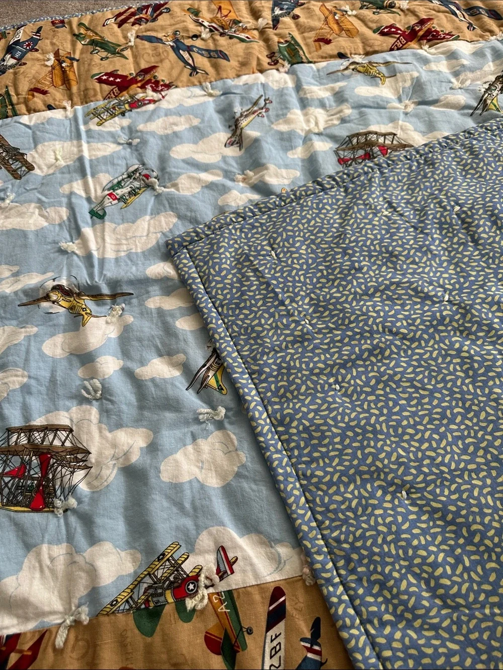 Vintage Airplane Print Baby Quilt Blue and Tan GUC